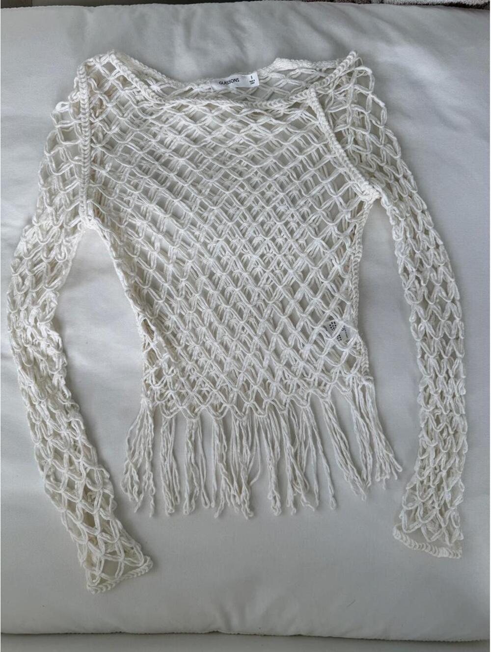 Glassons White Crochet Fishnet Fringe Cover Up Top Size Small 100% Cotton